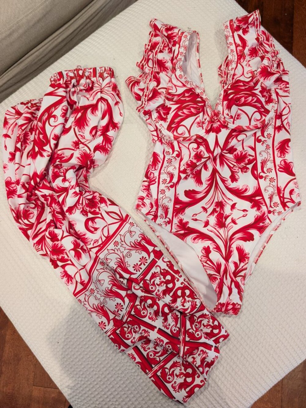 Lena Vie Boutique 2‑Piece Swimsuit Set • Red/White • Size L • Skirt + One‑Piece